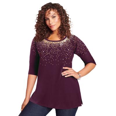 Plus Size Women's Three Quarter Sleeve Embellished Tunic by Roaman's in Berry Multi Sequin (Size 18/20) Long Shirt