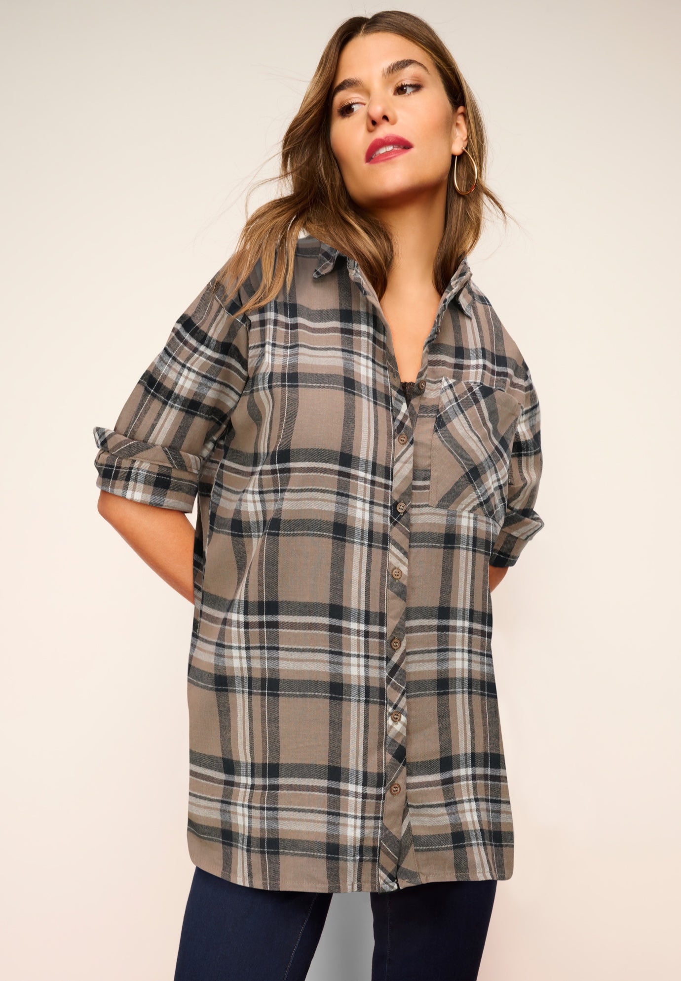 Plus Size Women's Plaid Flannel Tunic by Roaman's in Brown Sugar Plaid (Size 12 W) Plaid Shirt