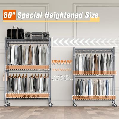 3 Shelves Heavy Duty Wire Shelving Clothing Rolling Rack, Lockable Wheels & Hanging Hooks, Max Load 450lbs