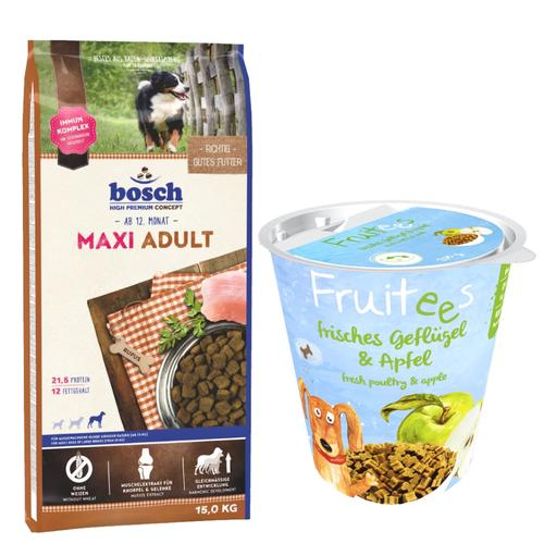 bosch Hund Mixpaket: 15kg Maxi Adult Trockenfutter & 3x 200g Fruitees Geflügel & Apfel Snacks