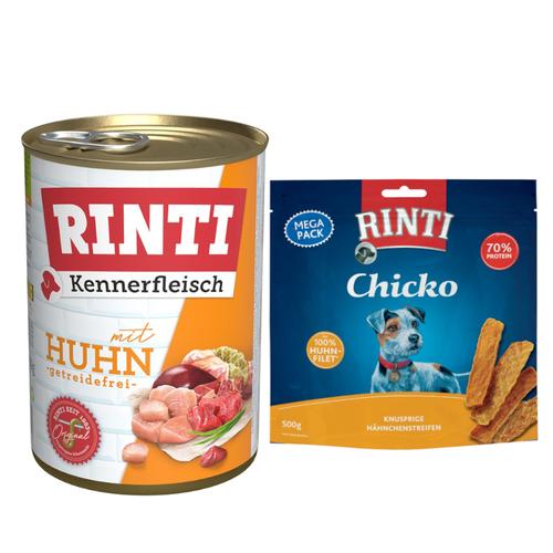 RINTI Mixpaket Hundefutter: 12x 400g Kennerfleisch Huhn Nassfutter + 2x 500g Chicko Huhn Snacks