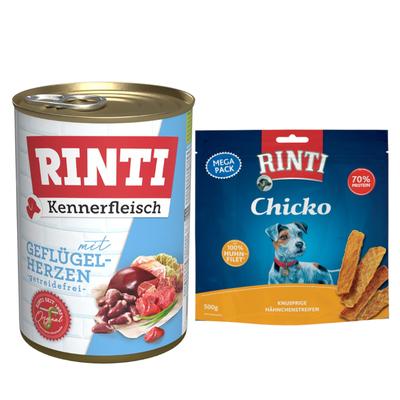 RINTI Mixpaket Hundefutter: 12x 400g Kennerfleisch Geflügelherzen Nassfutter + 2x 500g Chicko...