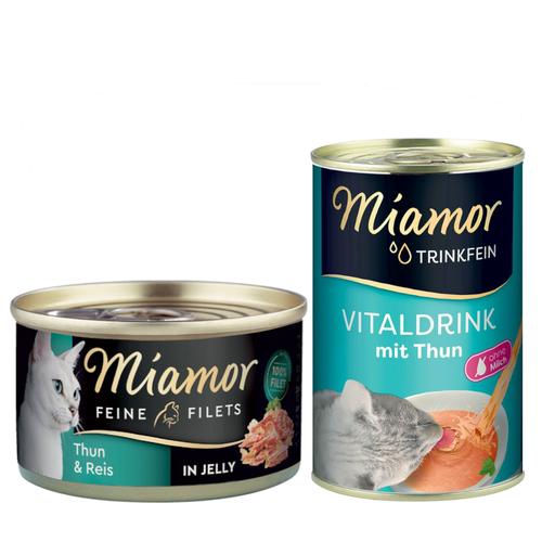 Miamor Mixpaket Katzenfutter: 12x 100g Feine Filets Thunfisch & Reis Nassfutter + Trinkfein...