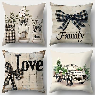 TEMU Set Of 4 Contemporary Throw Pillow Covers, 18x18 Inch Farmhouse Style Cushion Cases, Hand Washable Decorative Zippered Pillowcases For Living Room Sofa, Bedroom - Woven Polyester, No Insert