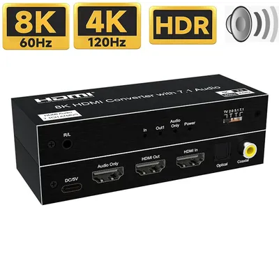 HDMI 2.1 Audio Extractor 4K 120Hz 8K HDMI Audio Converter Splitter 5.1Ch HDMI 2.1 to HDMI Audio+HDMI Video+Digital Audio out
