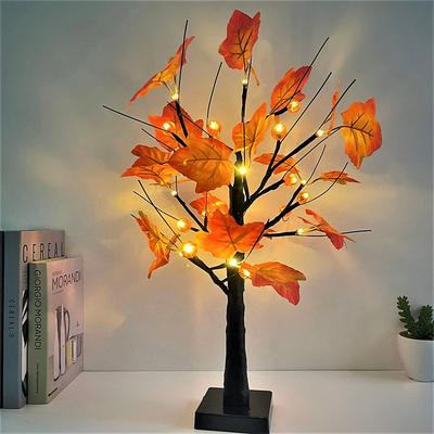 Thanksgiving Fall Maple Tree Lights 24LEDs Battery Powered Simulated Pumpkin Maple Leaf Lights for Holiday Home Parties Halloween Christmas Atmosphere Desktop Decoration (AA Batteries Excluded)