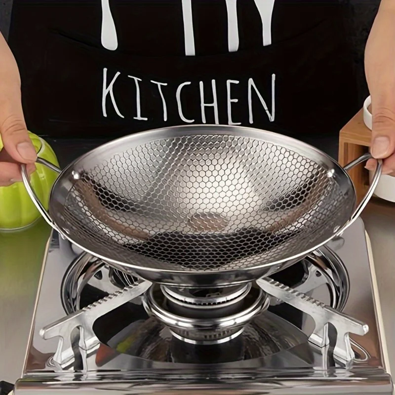 1 Stück 29 cm/11,42 Zoll Edelstahl-Wabenpfanne, antihaftbeschichtet mit Griff, kratzfest, zum Kochen von Nudeln, Steak, Brei, Ramen Image