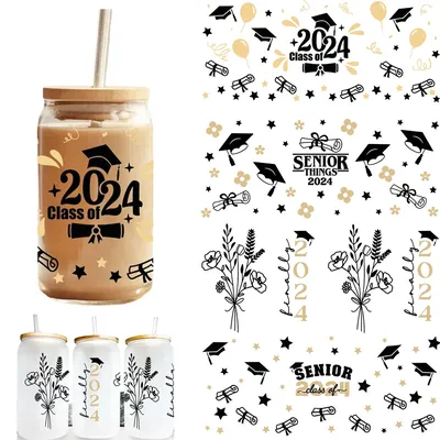 4 Stück Abschlussfeier Senior Class of 2024 Partydekoration UV DTF 16oz Glasbecher Wraps Aufkleber Image
