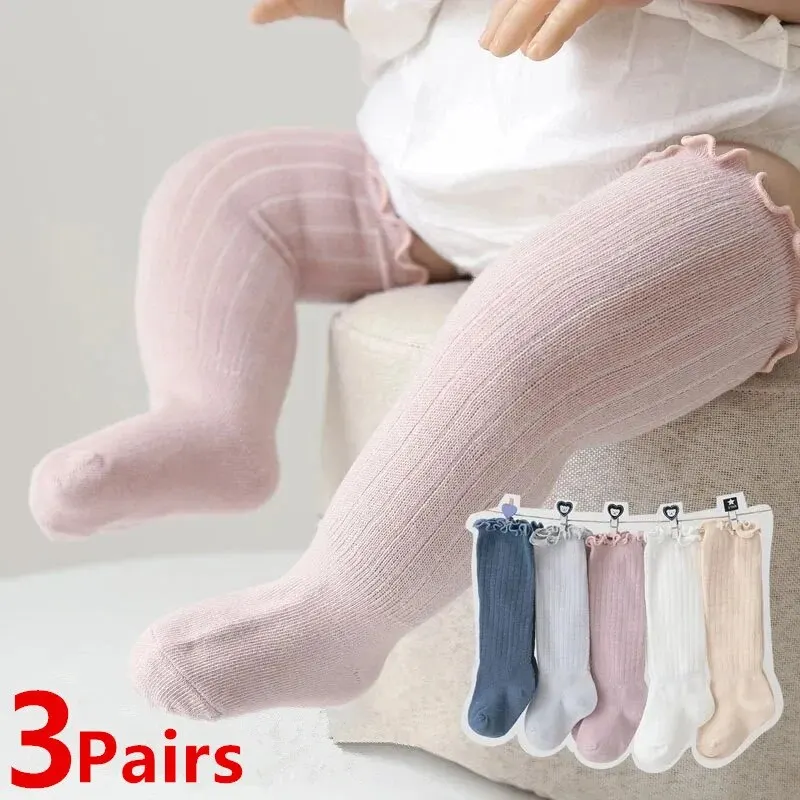 3 Paare/los Baby Mädchen Socken Spitze Rüschen Solide Baumwolle Lange Kniehohe Kinder Socke Infant Neugeborenen Frühling Kinder Rüschen Nette Socken Image