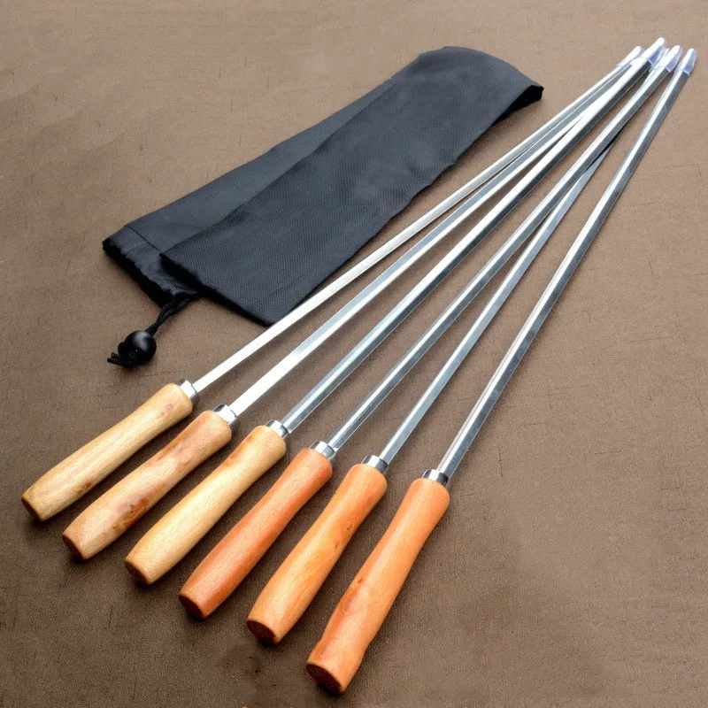 6 stücke BBQ Spieße 50cm V-typ Lange Griff Shish Kebab Grill Grill Stick Holz BBQ Gabel Edelstahl stahl Im Freien Grill Nadel