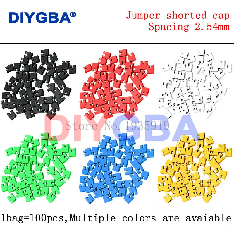 100 Stück bunte Standard-Pitch-Jumper-Kurzkappe und Stiftleisten und Kabelgehäuse, 2,54 mm, Schwarz, Gelb, Weiß, Grün, Rot, Blau Image