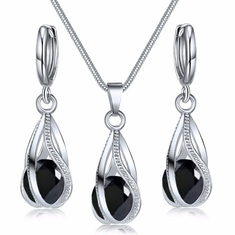 3-teiliges Halsketten-Ohrring-Set für Damen, leicht, luxuriös, Wind, Kupferlegierung, Anhänger, schwarzer Kristallstein, Ohrclip, Abschnitt, Kombinationsschmuck Image