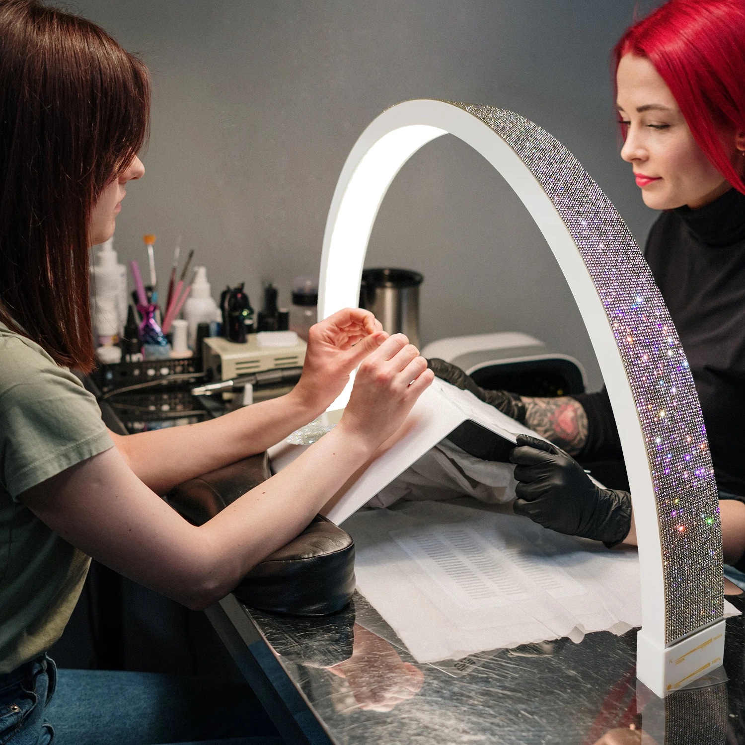 Fosoto 30 Zoll 45 W Nagel-Tischlampe mit Diamant-Maniküre-Schreibtischlampe, LED-Halbmondbeleuchtung für Nägel, Kunst, Tattoo, Salon, Wimpern Image