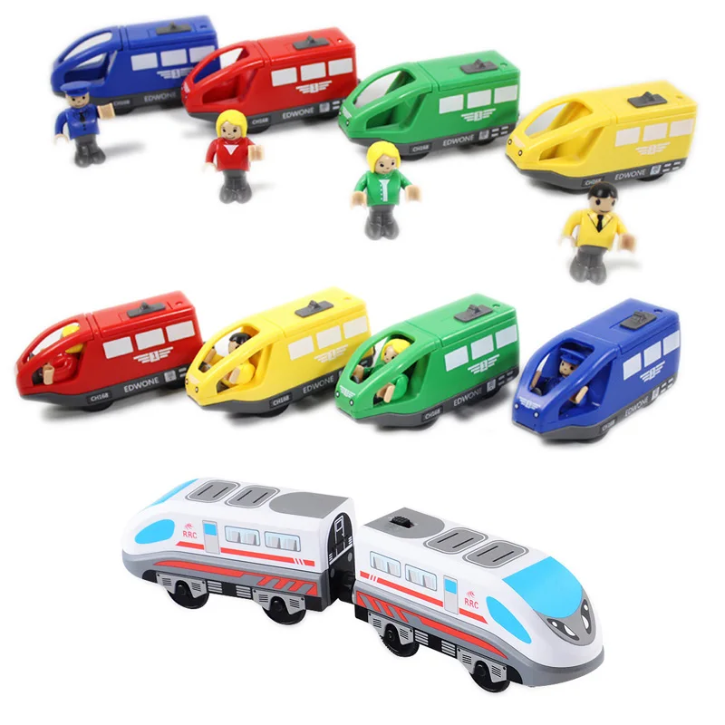 Magnetischer elektrischer Zug mit kleiner Puppe, Druckguss-Schlitz, Spielzeugeisenbahn, Holzschiene, kompatible Lokomotive, elektrischer Schienenzug für Kinder Image