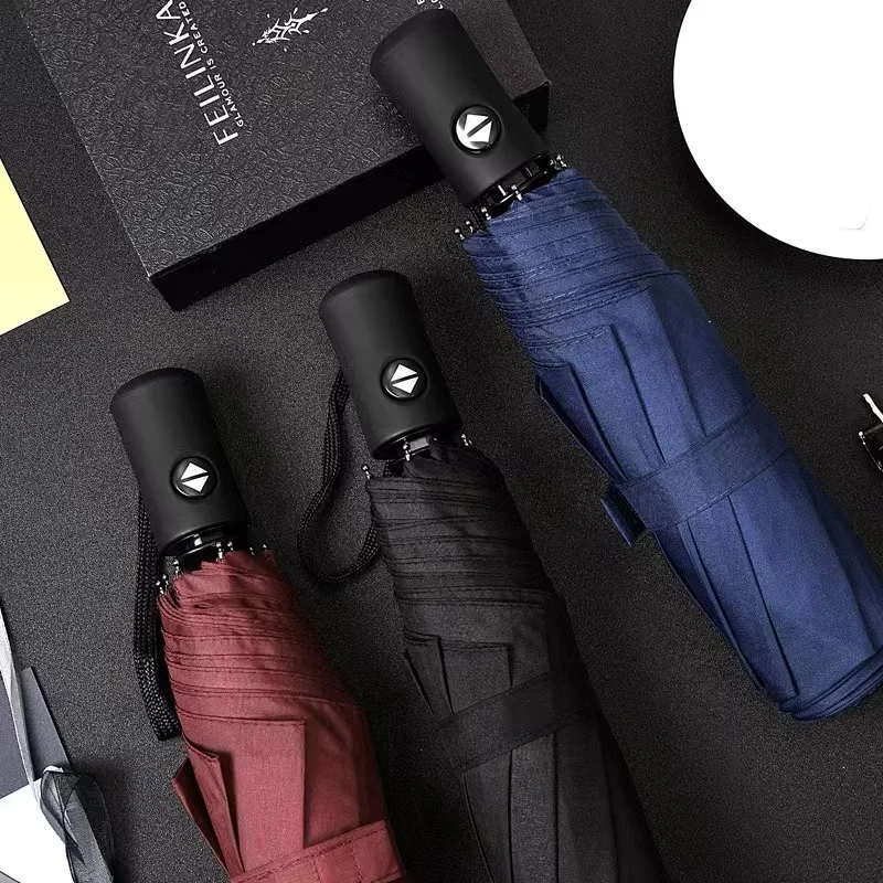 Automatischer Regen- und Sonnenschirm, schwarze Beschichtung, Sonnenschirm, Anti-UV, 3 faltbar, windbeständig, automatisch, luxuriös, groß, winddicht, für Damen und Herren, 8 Bänder Image