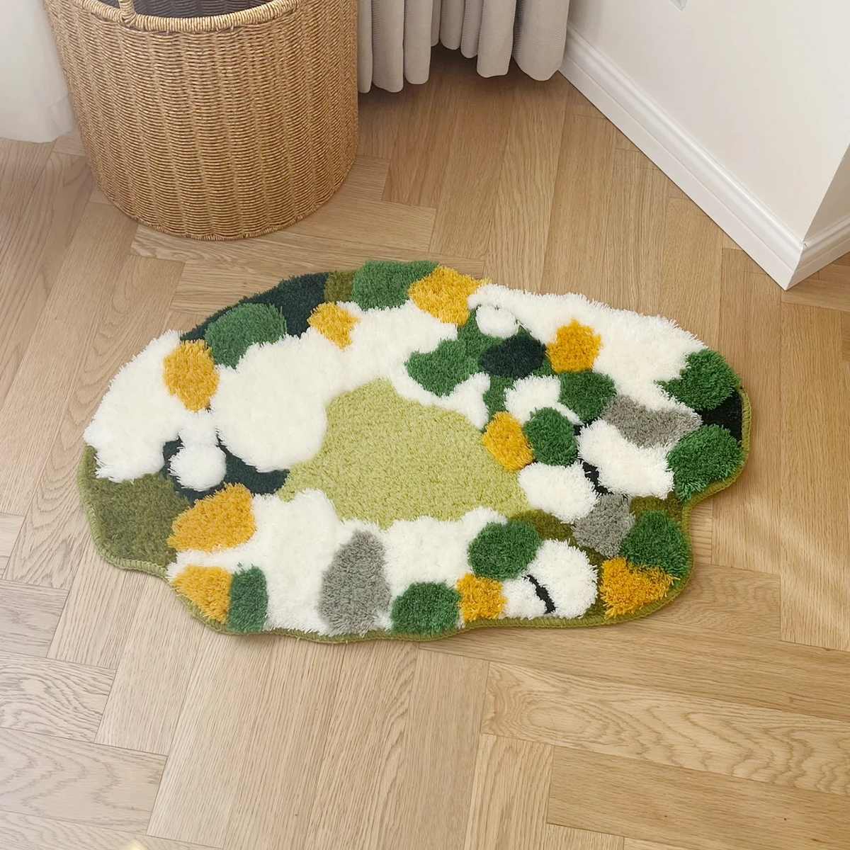 Tufting Moss Teppich, flauschig, Nachttisch, Wohnzimmer, Teppich, Funktion, Schlafzimmer, Boden, grüne Matte, rutschfestes Fußpolster, ästhetische Heimdekoration Image