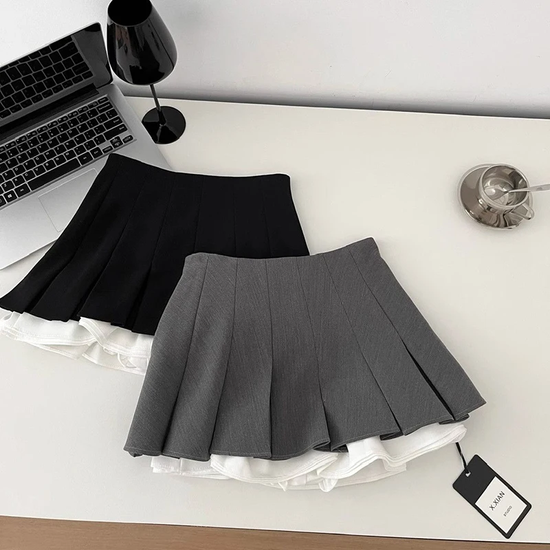 Y2k schwarzer Falten rock Frauen koreanischen Vintage Chic Rüschen Minirock grau niedlich Patchwork hohe Taille eine Linie Rock weiblich neu