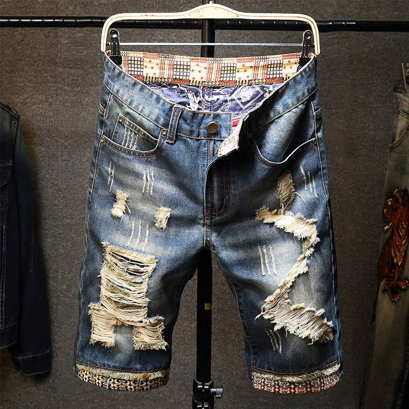 Streetwear männer Zerrissene Denim Shorts Gerade Dünne Mode Hip Hop Kurze Hosen Große Loch Vintage Knielangen Jeans