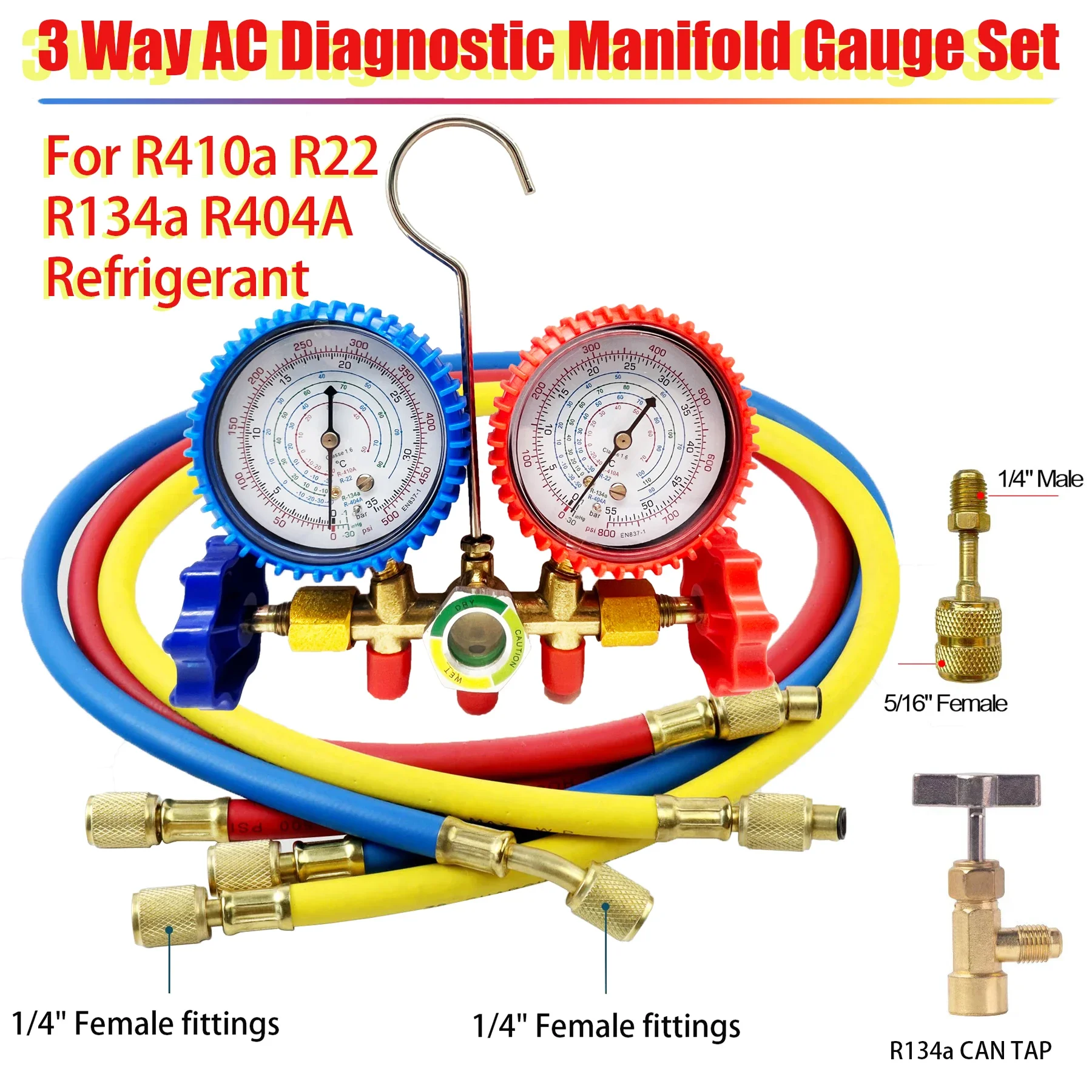 3-Wege-AC-Verteilermessgerät-Set mit Schlauchkupplungen und Adapter, Kältemittel-AC-Messgeräten, Kfz-AC-Messgerät-Set für R410, R22, R404A, R134A Image