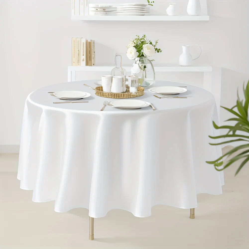 Runde Satin-Tischdecken, weiße Overlay-Abdeckung, helle, glatte Stoff-Tischdecke für Hochzeit, Party, Restaurant, Bankett, Dekorationen Image