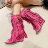 Kcenid Trendy Neue Falten Design Schuhe Fringe Keile Boot Frau High Heels Peep Toe Party Prom Schuhe Sexy Zipper Weibliche Pumpen