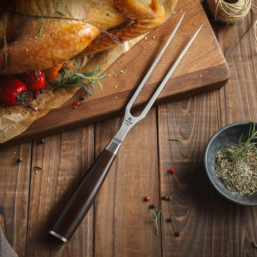 Hezhen klassische Serie geschmiedete Schnitz gabel Outdoor-Grill werkzeug Grill Fleisch gabel Küchengeräte Ebenholz Griff Geschenk box Grill gabel Image