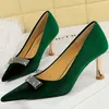 Bigtree Luxus Frauen 7cm High Heels Pumps Samt flache spitze Zehen Metall Kristall Dekoration Dame Schuhe kleine Größe 34-40 grün