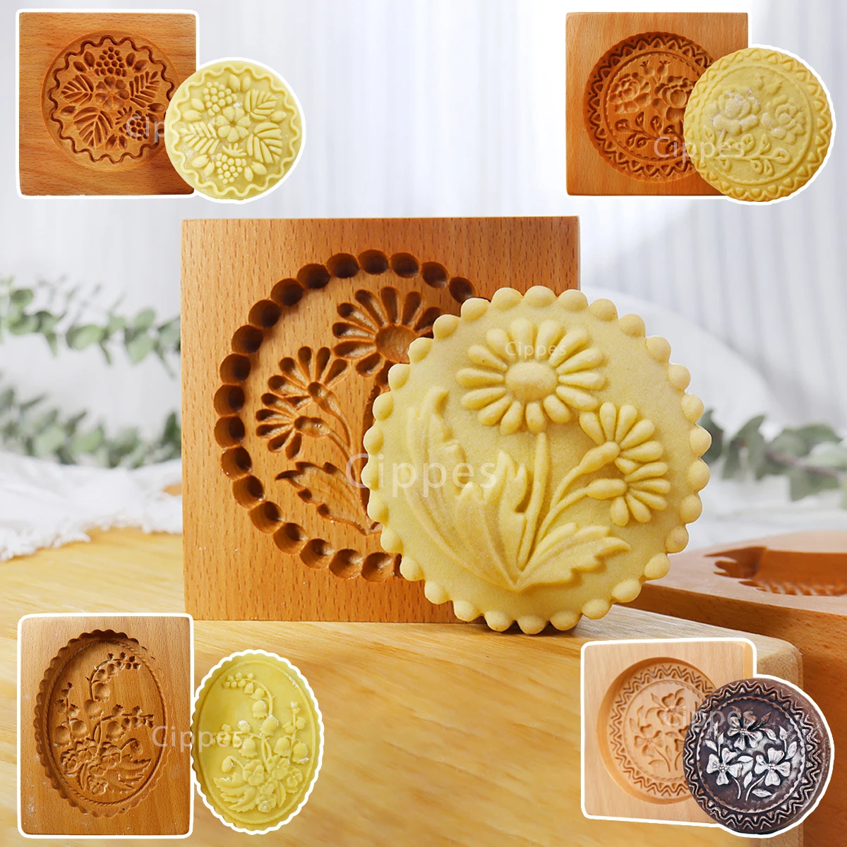 Keksformen aus Holz mit Blumenmustern, 3D-DIY-geschnitzte, geprägte Keksausstecherformen zum Backen, Weihnachten, Fondant, Kuchen, Kekse Image