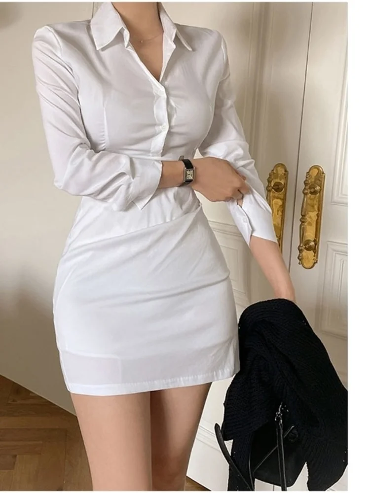 Sexy polo elegant womengaga weiß mini kleid göttin hohe taille slim shirt lange ärmel enge hüfte kleider ol sexy koreanische 36kd