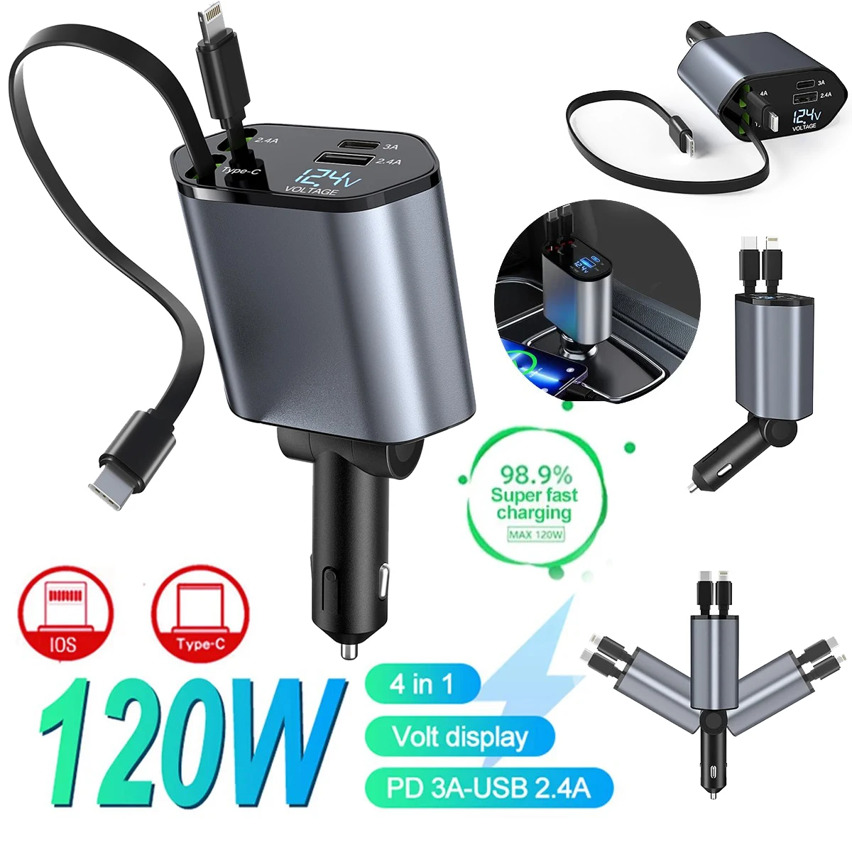 120 W Autoladegerät Auto Superschnellladung Blitzladung, Teleskopkabel 4-in-1-Autoladegerät 2 USB-Anschlüsse kompatibel Image