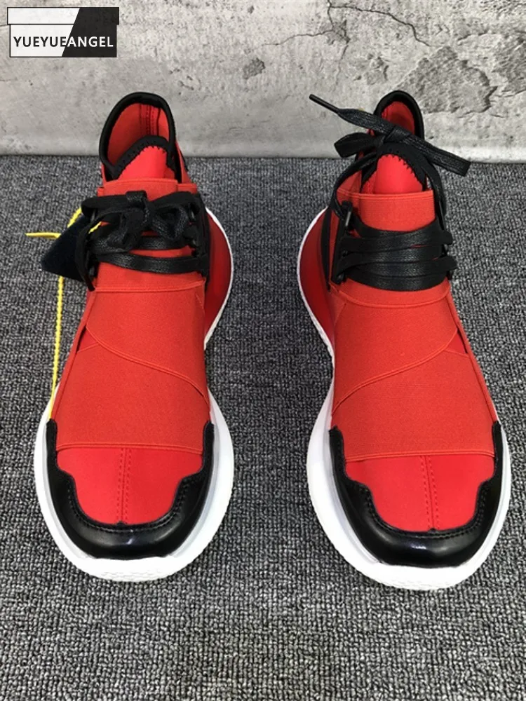 Männer Atmungsaktiv Stretch Stoff Turnschuhe Leder Patchwork Dicken Plattform Beiläufige Schuhe Straßen Schuhe Rot Jogger High Top Schuhe