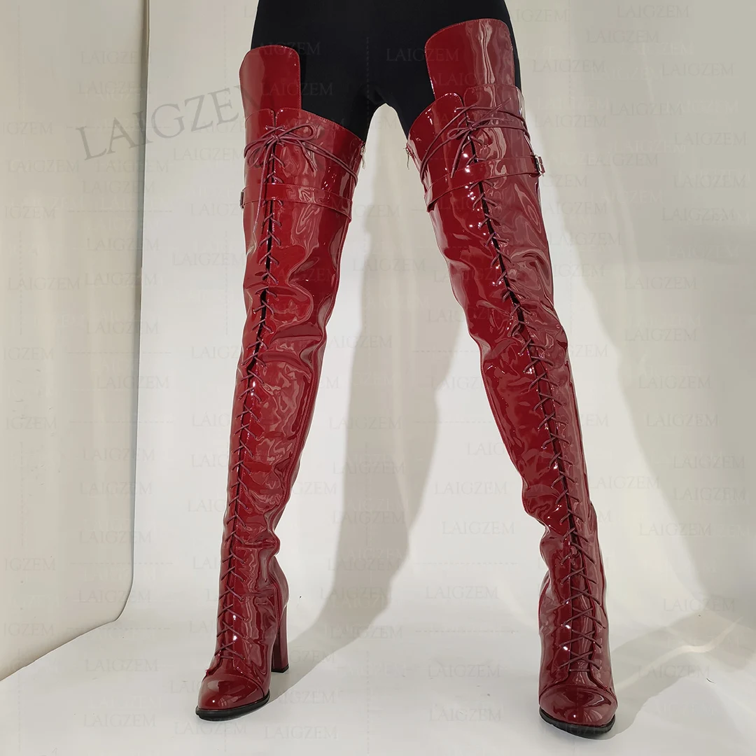 Zhima Frauen Oberschenkel hohe Stiefel volle Seite Reiß verschluss runde Zehen Quadrat dicke High Heels hohe Stiefel Damenschuhe Frau große Größe 41 45 47 52