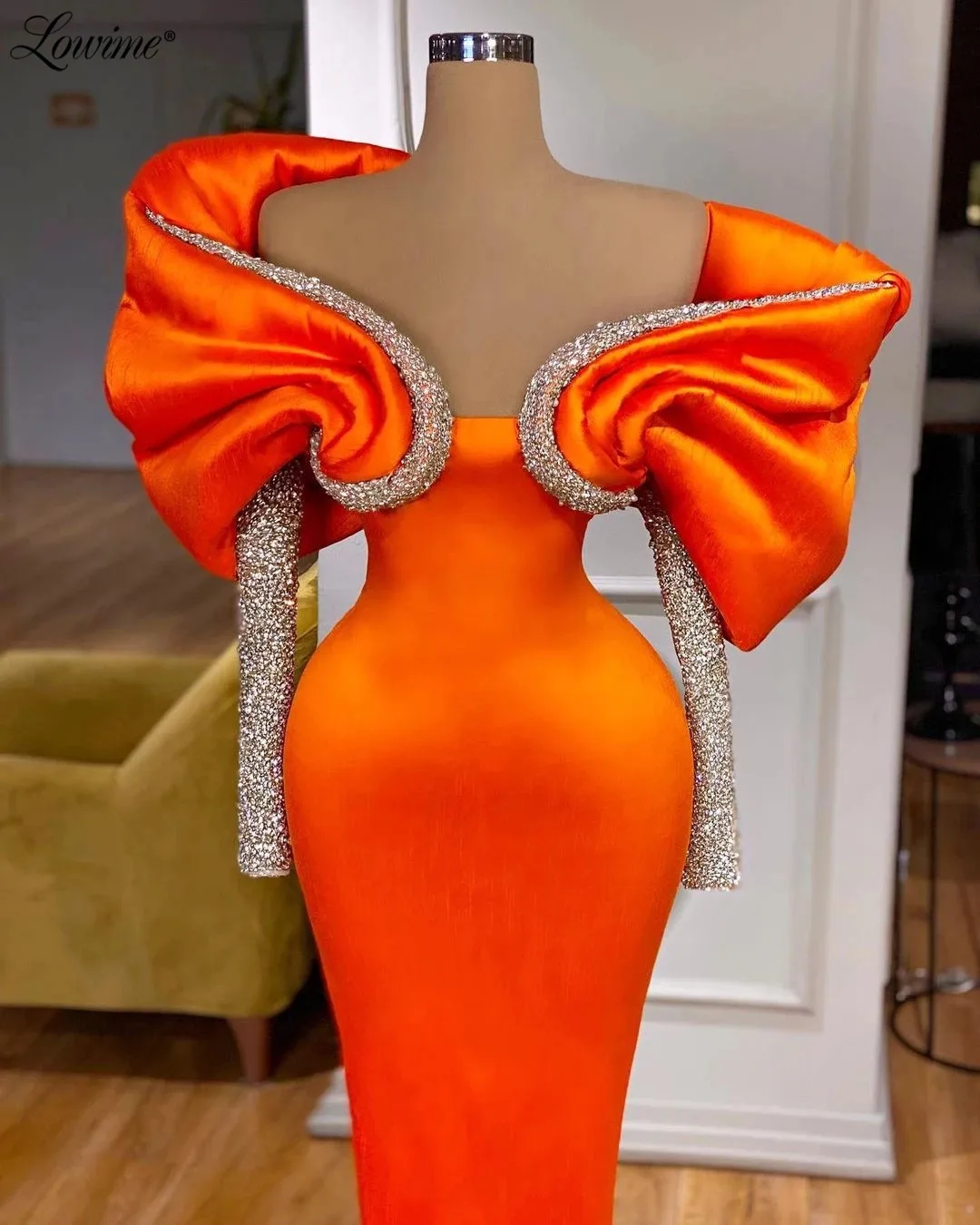 Zwei Designs 2022 Roben Orange Wunderschöne Elegante Meerjungfrau Abendkleider Mit Langen Ärmeln Pailletten Perlen Frauen Partei Pageant Kleider