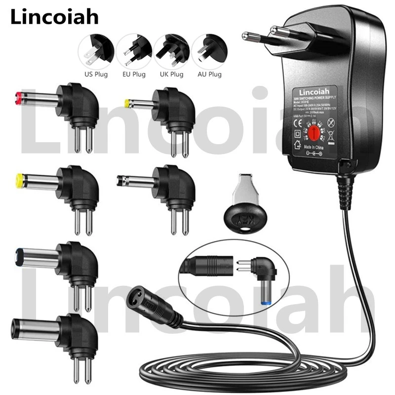 Universal-Adapter AC 100–240 V DC 3 V 4,5 V 5 V 6 V 7,5 V 9 V 12 V 30 W Multifunktions-einstellbare Netzteil für LED-Lichtleistenkamera Image