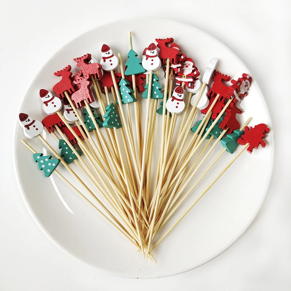100 Stück Weihnachten Einweg Bambus Spieße Santa Claus Schneemann Pick Buffet Cupcake Gabel Zahnstocher Weihnachts feier Dekor Lieferungen Image