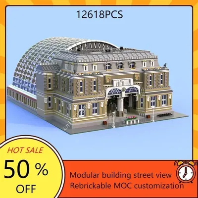 Europäischer Stil großer Bahnhof modular moc kreative Modellbau steine Architektur DIY Bildung Montage Modell Spielzeug Geschenk Image