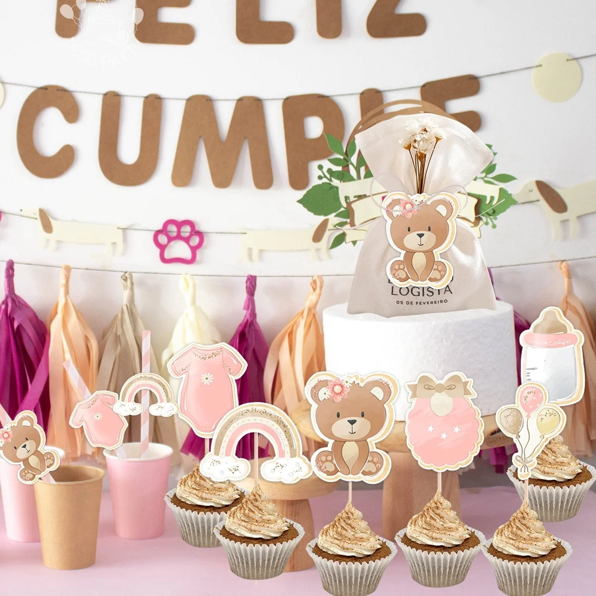 1 Satz Cartoon Bär Kuchen Topper blau rosa Serie Papier Tags Strohhalme für Baby party Kinder Geburtstags feier Dekorationen DIY Verpackung Image