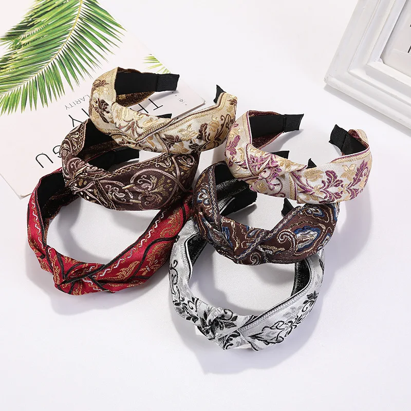 Druck Stirnband Top Lünette Vintage Frauen Blumen elastischen Haarband Haar Reifen Kopfschmuck Kreuzknoten Stirnband Mädchen Haarschmuck Image