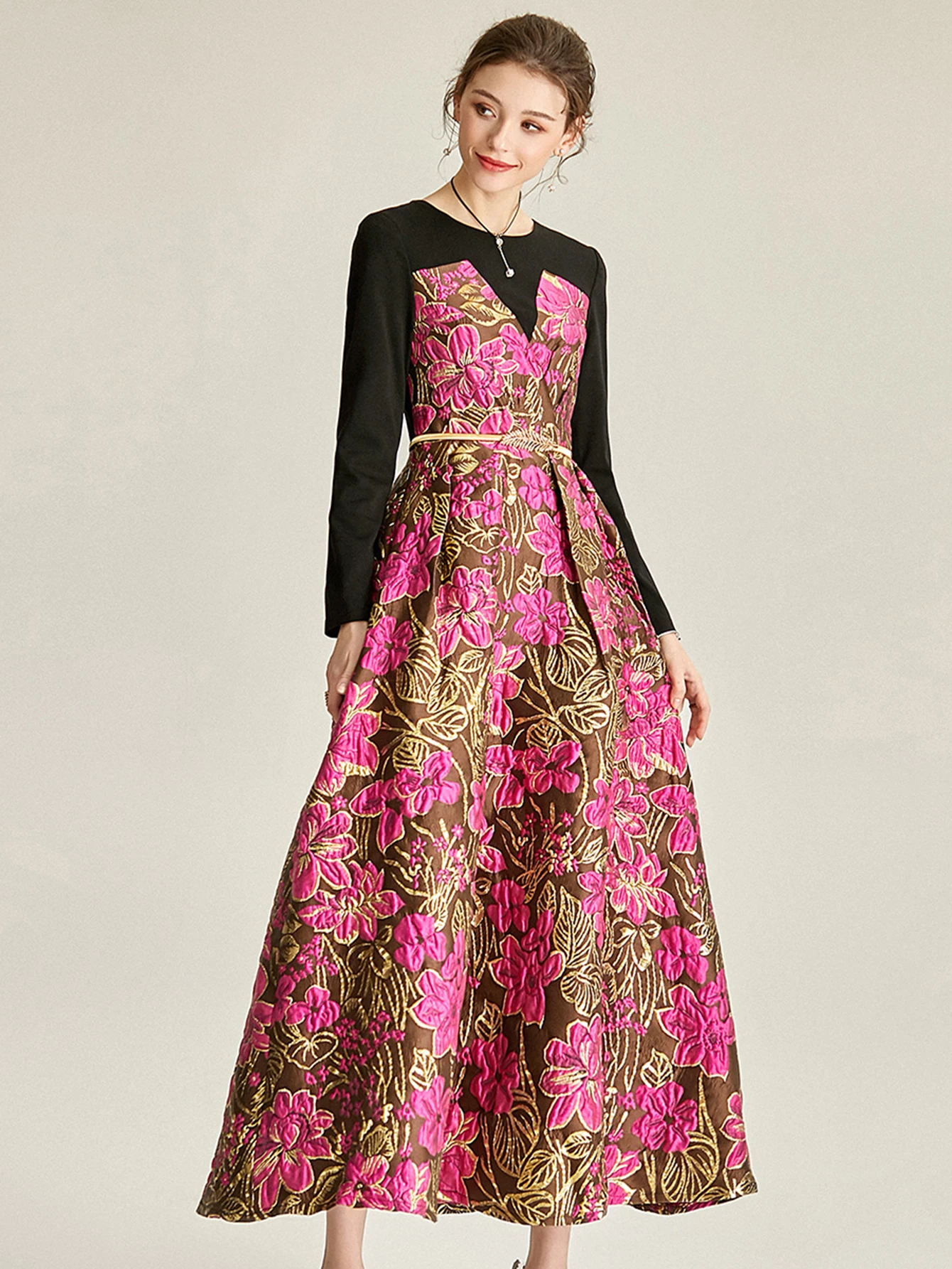 Elegante Frauen lange Maxi Jacquard Kleid neue Party Abend gespleißt Frühling Herbst Vintage Blumen Ballkleid