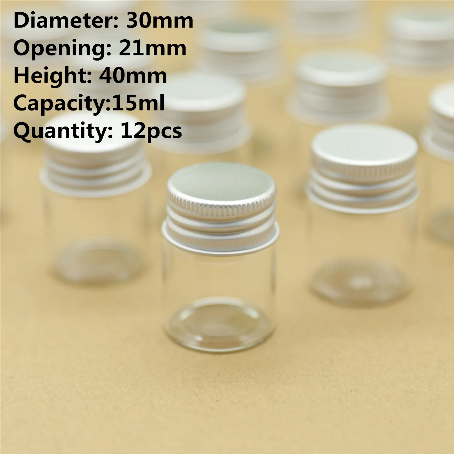 12 Teile/los 21*30*40mm 15 ml Kleine Glasflaschen Aluminiumkappen Glasgefäße Fläschchen Reagenzglas Transparente Glasbehälter Flaschen Image