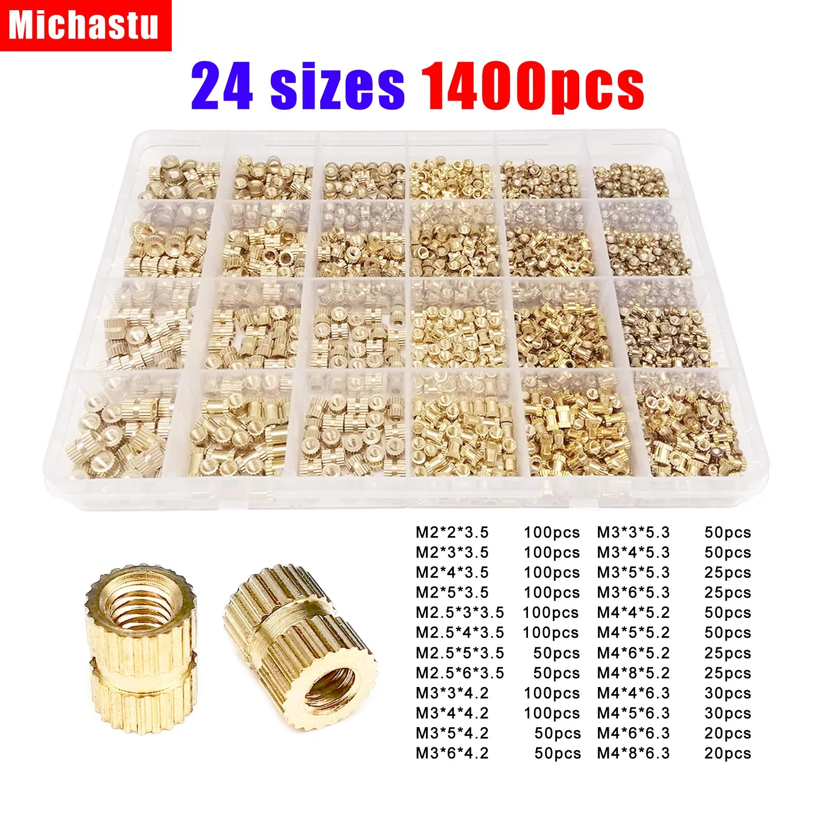 1400/750 Stück Einsatzmutter aus massivem Messing, Kupfer, Spritzguss-Rändelfaden, eingebetteter Nutsert-Mix, M2, M2,5, M3, M4, Sortimentsset