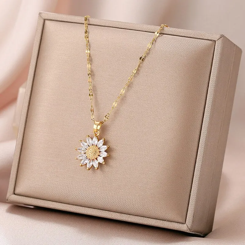 1PCS Gold-farbe Halskette Damen Licht Luxus Stil Blume Anhänger Intarsien Zirkonia Titan Stahl Kette Urlaub Schmuck Image