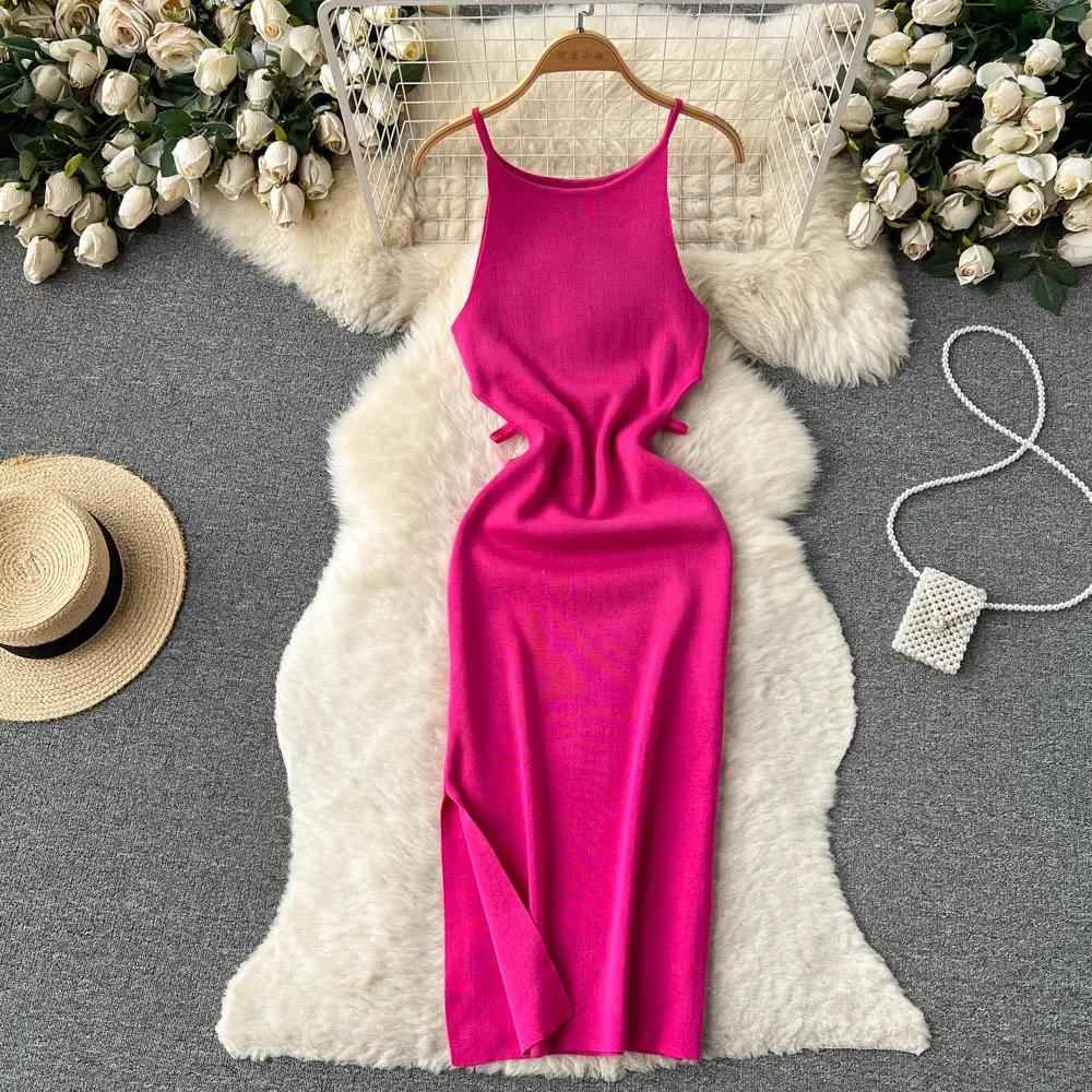 2024 weiß/grün/rosa Sommer stricken sexy Riemen Kleid Frauen elatische Taille Bodycon Sommerkleid weibliche Strand Split rücken frei langes Kleid