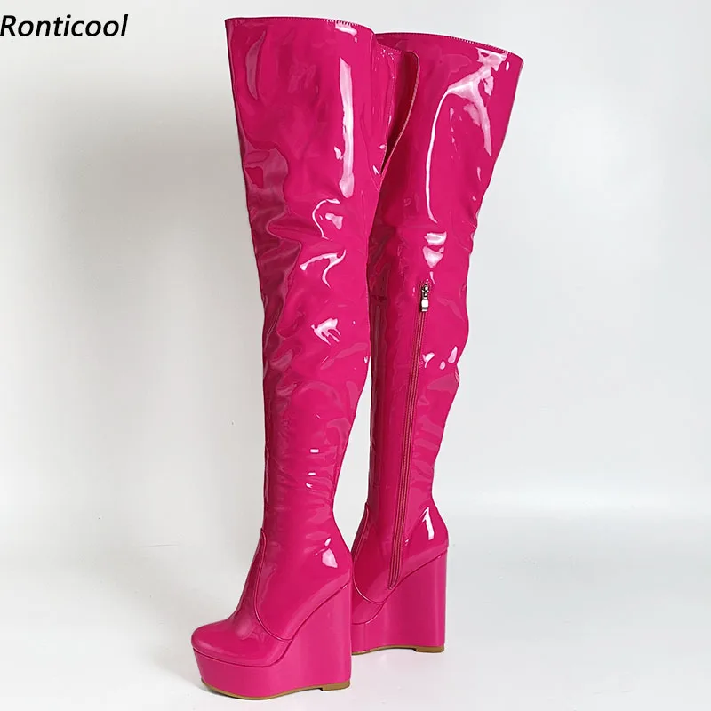 Ronticool Handgemachte Frauen Winter Plattform Oberschenkel Stiefel Patent Keile Ferse Runde Kappe 10 Farben Nacht Club Schuhe Frauen Uns Größe 5-20