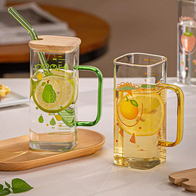 350ml Glass troh becher mit Skala klarer Becher mit Deckel und Stroh Eis kaffee griff Tasse Trinkbecher für Saft Milch tee Image