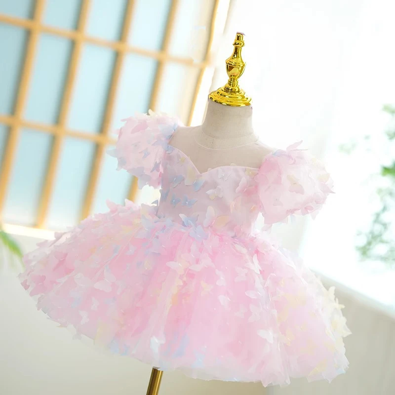 Rosa Schmetterlingsdruck Prinzessin Kleid für Baby Mädchen Kleinkind 1. Geburtstag Party Kleider Säugling Hochzeit Tutu Kleidung Spitze Neues Kleid Image
