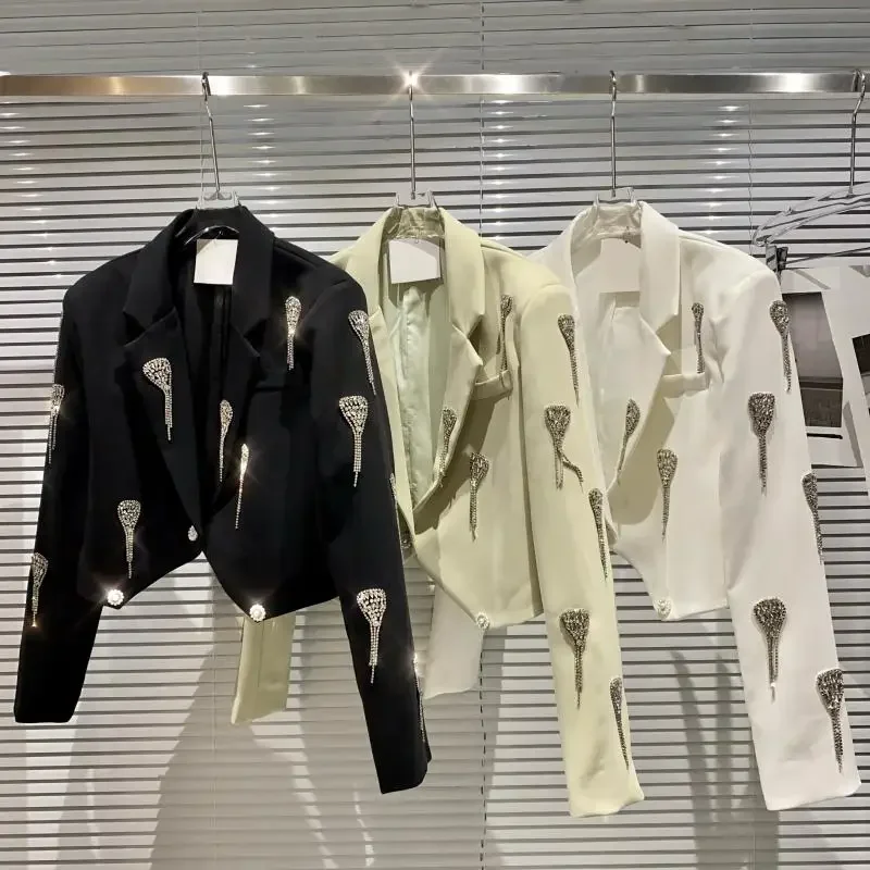 Frauen Luxus Frühling Herzform Diamanten Quasten Anzüge Jacke Liebe Strass Kette Kette Fransen Blazer Mantel drehen Kragen Tops Image