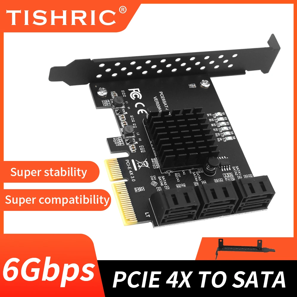 TISHRIC PCIE 4X bis 6 Ports SATA 3.0 6 Gbit/s Erweiterungskarte PCIe Splitter Controller PCI-Express 4x 8x 16x Add-On-Karte für HDD SSD Image
