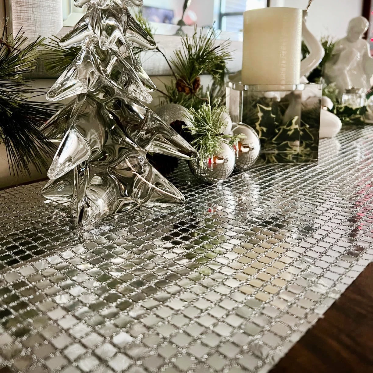 Quadratische schimmernde Pailletten, glitzernde Disco-Party-Tischdecke, Hochzeit, Geburtstag, Babyparty, silberner Tischläufer, Retro-Dekoration Image