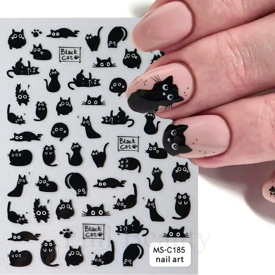 2 Stück schwarze Katze Nagelaufkleber 3D niedliches Cartoon-Tier 3D selbstklebende Nail Art Aufkleber Sliders Dekorationen Maniküre Zubehör Image